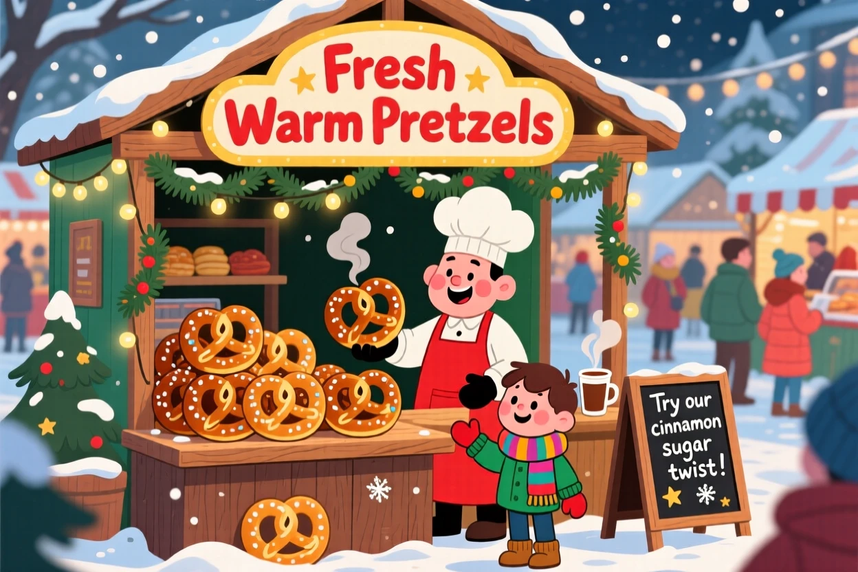 A bakery stall selling warm pretzels at a winter holiday market.