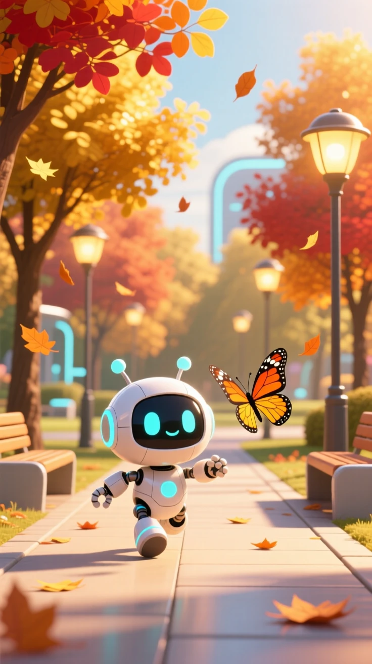 A tiny robot companion beeping happily while chasing a butterfly in a sunlit futuristic park during golden autumn harvest season; warm lamplight washes over the scene as warm affection fills the moment. Symmetrical front-on view.