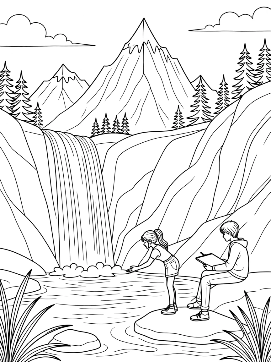 A waterfall cascading into a crystal-clear pool, with jagged peaks rising in the background.