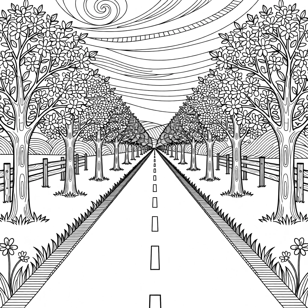 A road stretching toward the horizon lined with blooming trees.