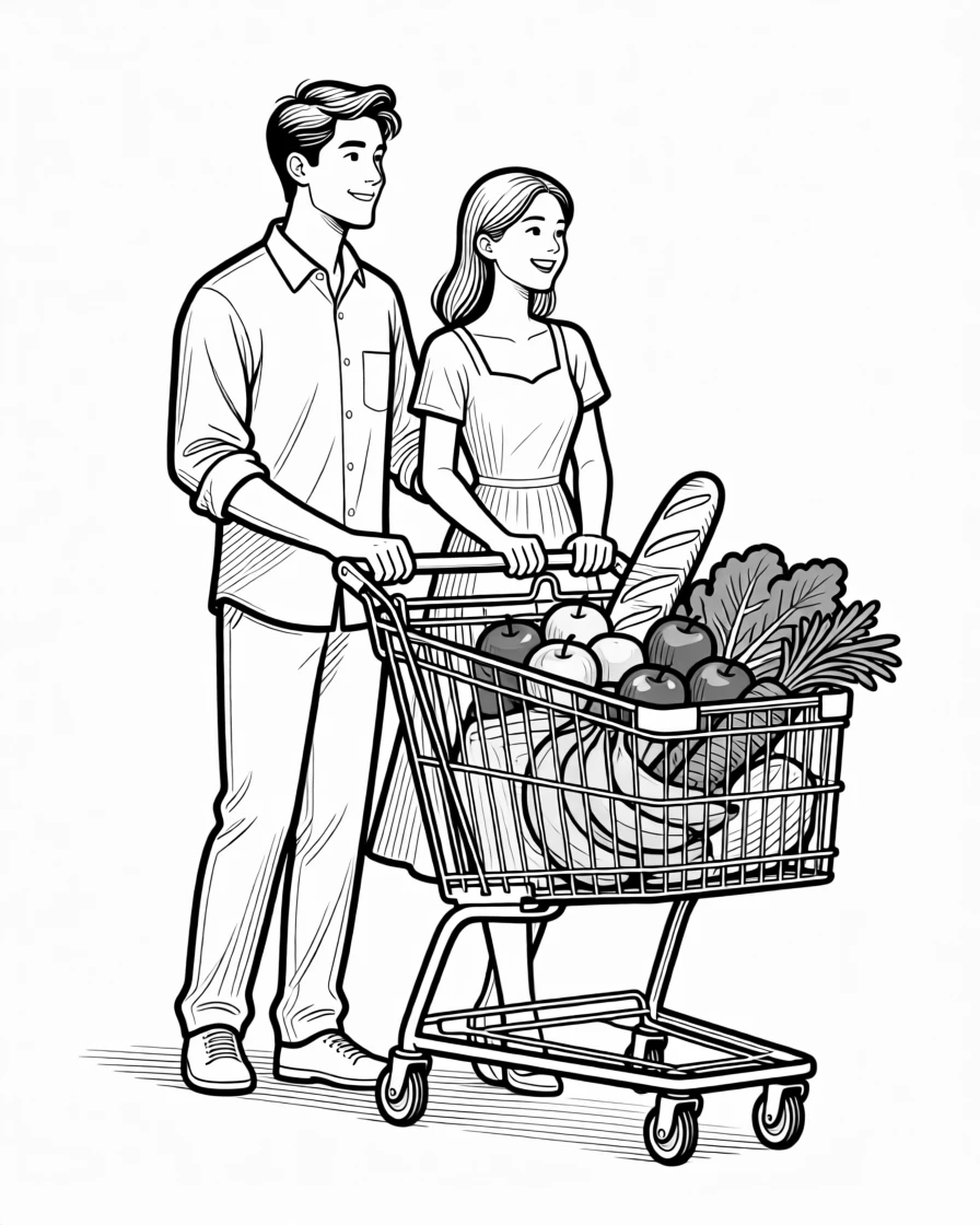A couple grocery shopping together with a cart full of produce