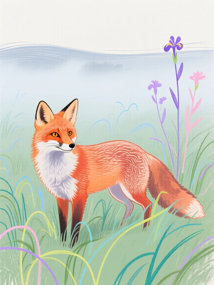 A curious fox playing in a misty morning field on a quiet summer afternoon.