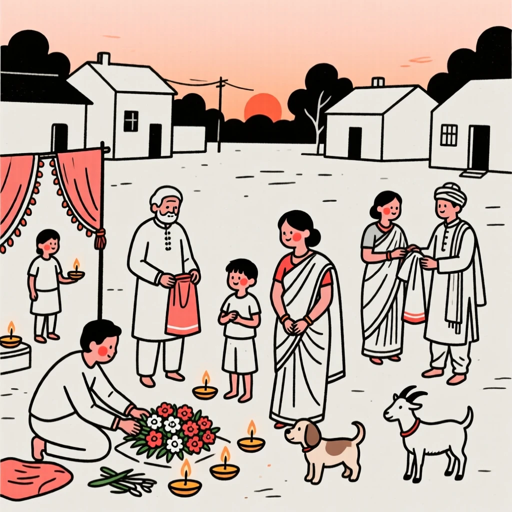 A large extended family of Indian heritage preparing for a wedding day, on a village square at dusk.