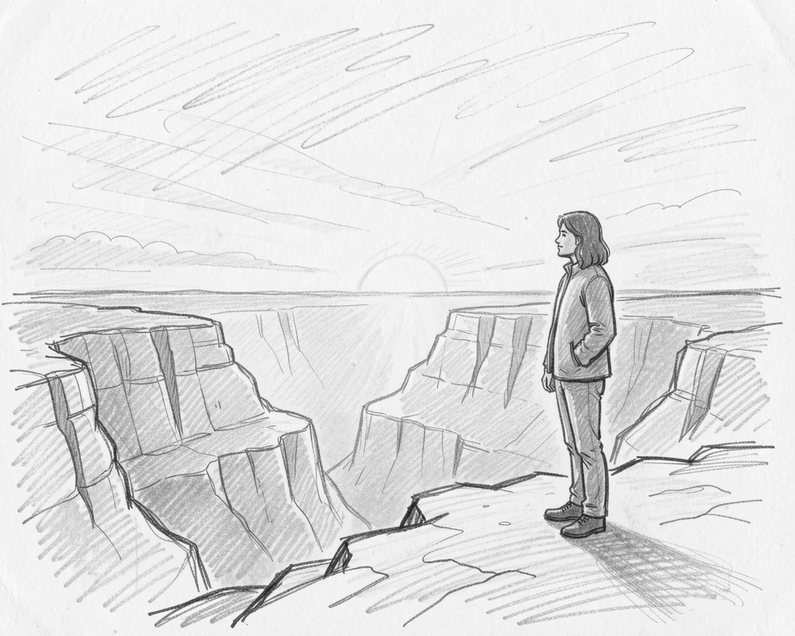 A peaceful moment of a person standing at the edge of a vast canyon at sunrise beneath a vast open sky, radiating quiet hope and renewal.
