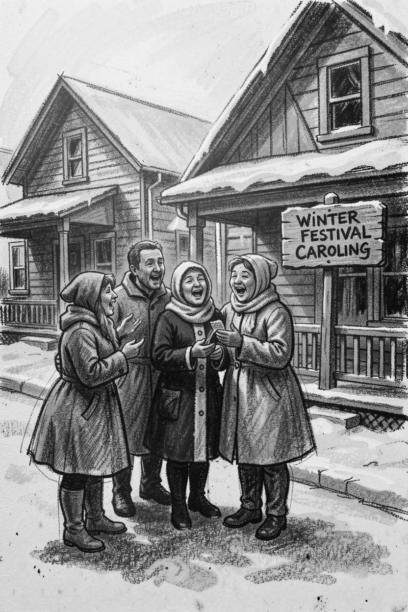 A group of carolers singing outside snow-dusted houses, as golden afternoon sun spills across the scene.