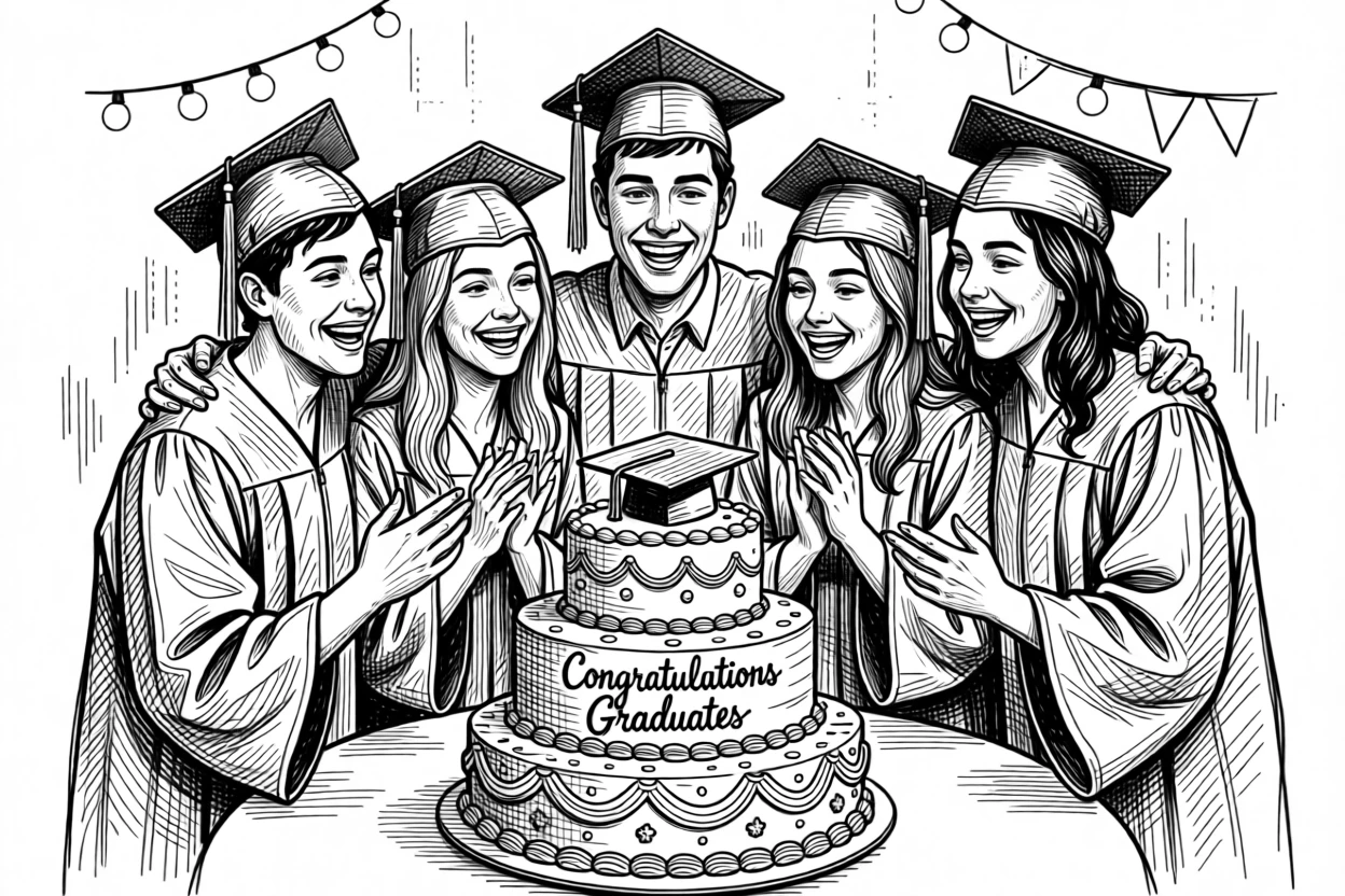 A joyful graduation party with friends gathered around a decorated cake.