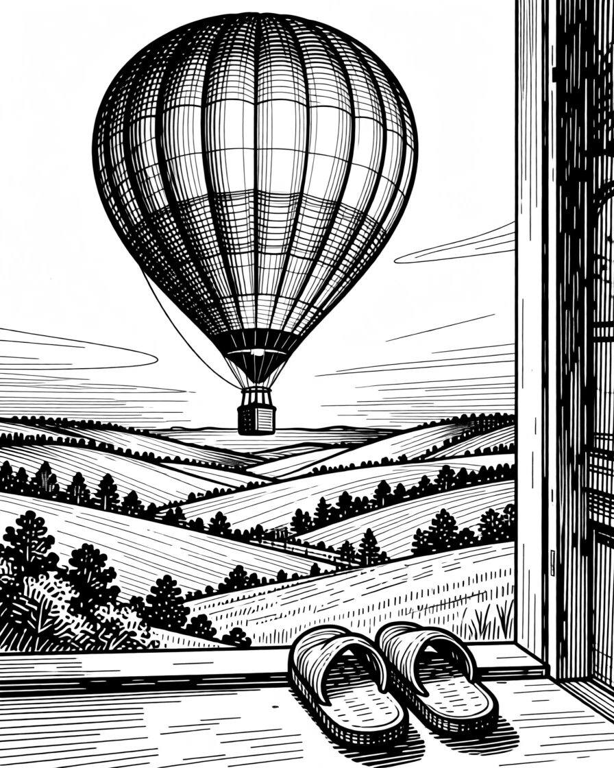 A hot air balloon drifting over a peaceful valley as the last light of day fades gently away, with a pair of slippers resting by the door, evoking a quietly hopeful sense of calm.