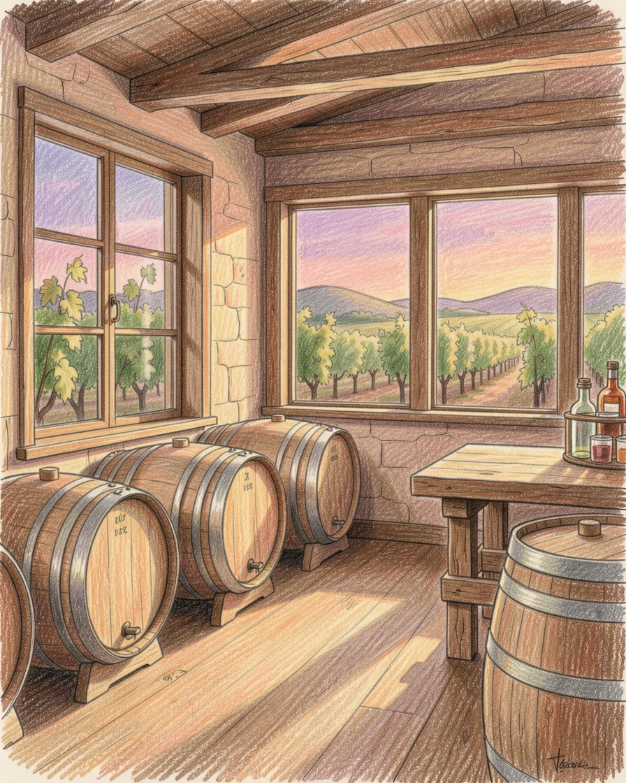 A countryside vineyard tasting room with barrels and soft light, set against a softly lit, atmospheric backdrop, full of charm, emotion, and visual delight.