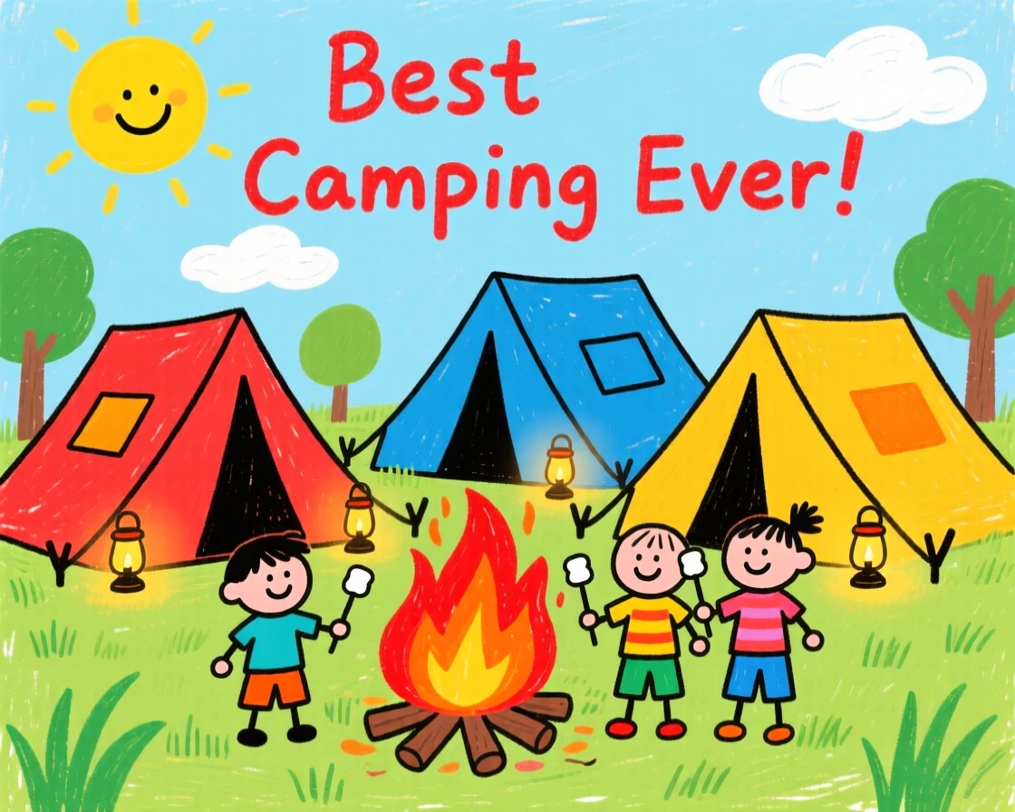 A summer camping trip with tents glowing beside a crackling campfire.