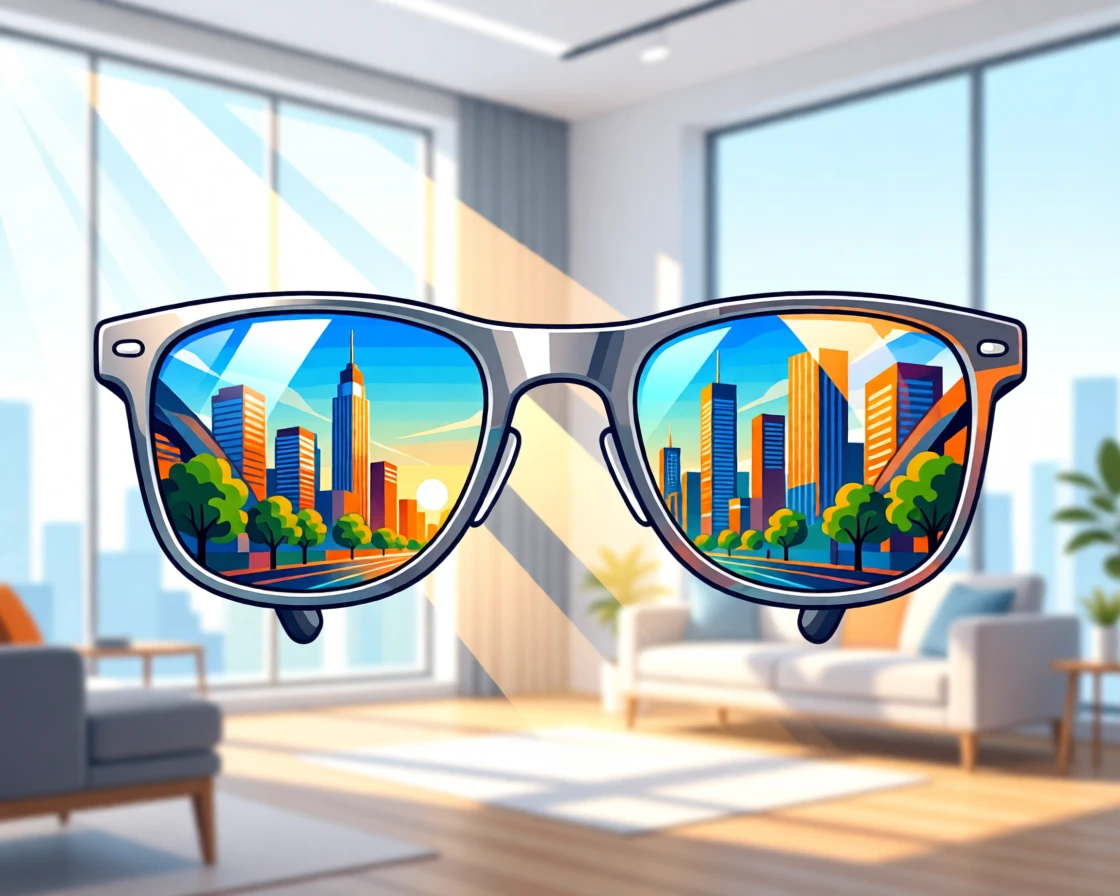 A pair of smart glasses reflecting a colorful cityscape, set within a bright, sunlit contemporary room, composed with a friendly, approachable sense of innovation, with sleek metallic textures catching soft light.