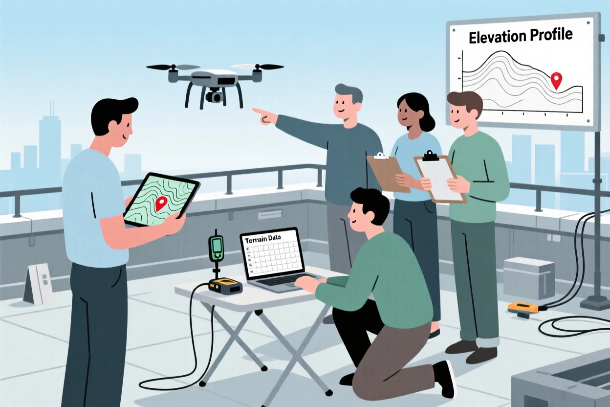 A group of programmers mapping the terrain in a rooftop testing site.