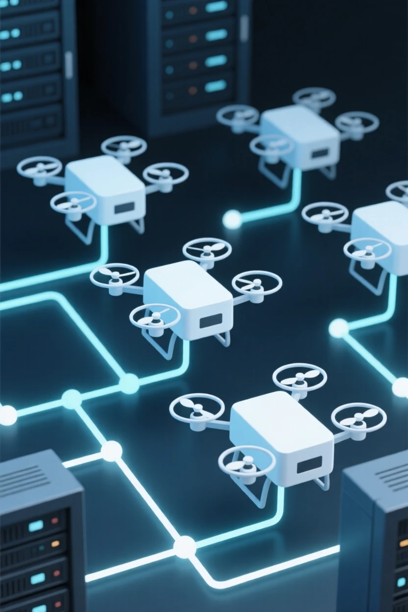 A view of fleet of delivery drones operating within a quiet data center, near a network of glowing wires, evoking quiet efficiency.