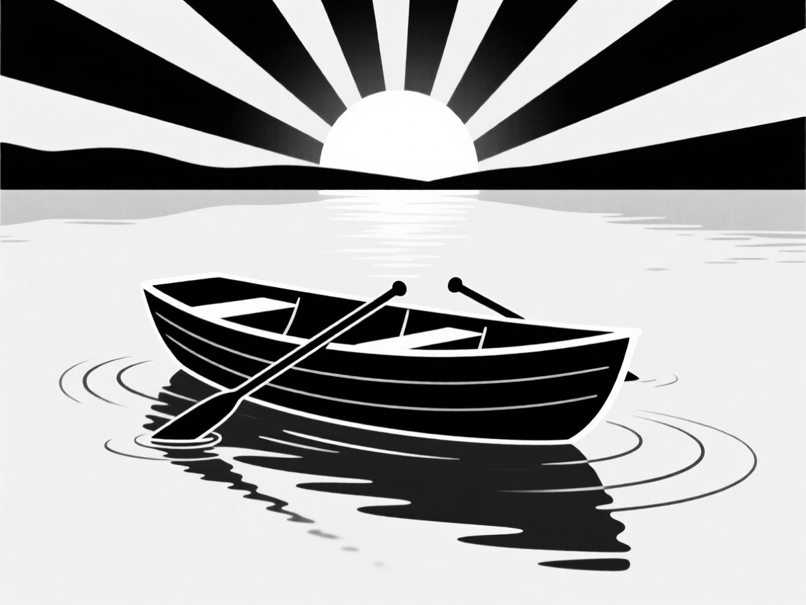 A rowboat drifting on a calm lake at sunrise.
