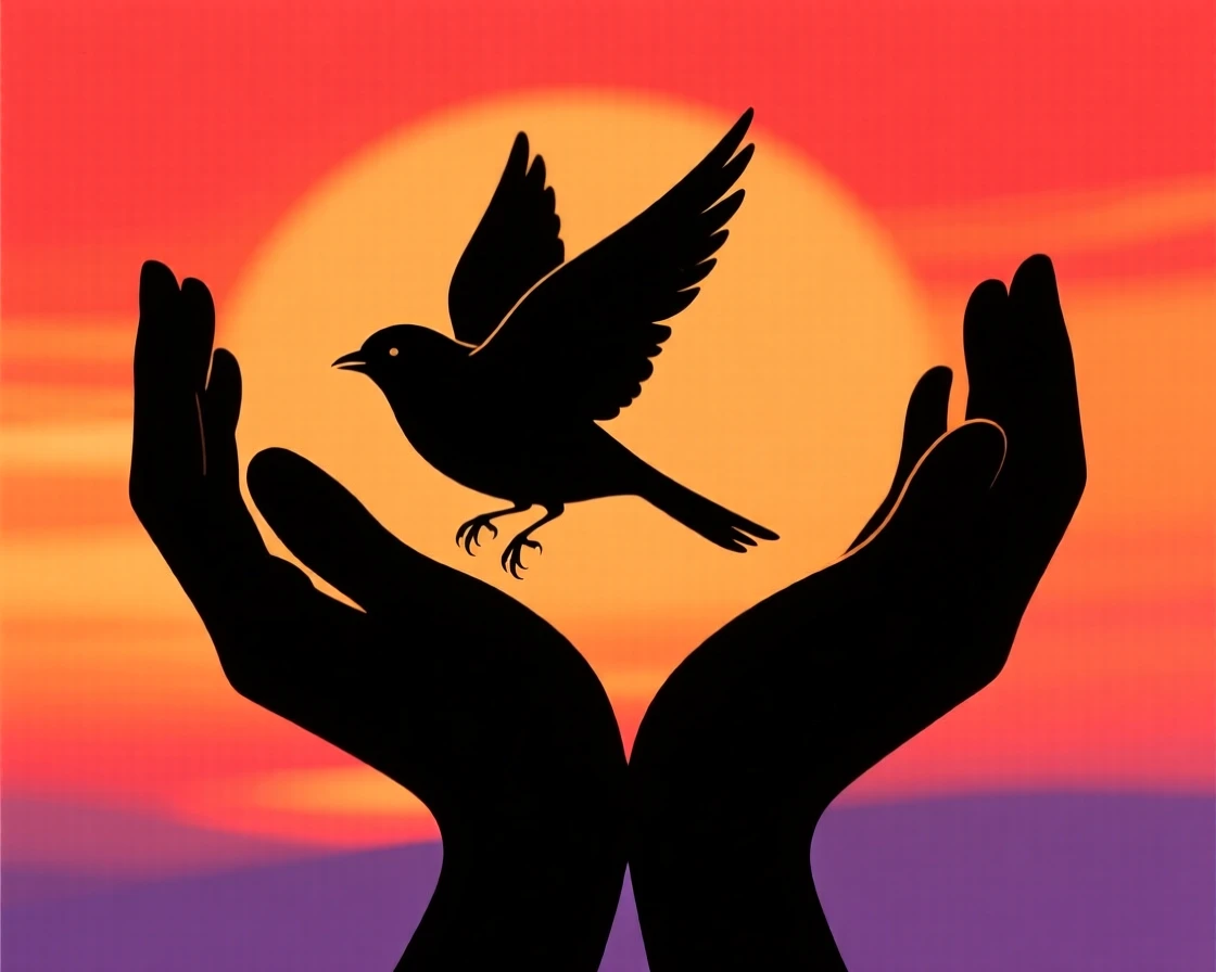 A pair of hands cradling a small bird before releasing it into flight.