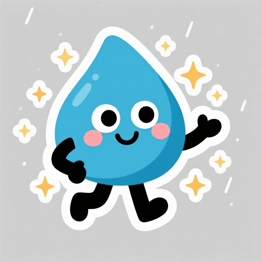 A fun and approachable cartoon raindrop explaining the water cycle, surrounded by sparkles of curiosity, perfect for a classroom or nursery.