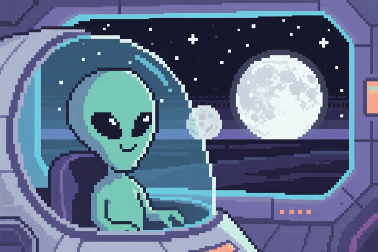A friendly alien creature with big eyes watching two moons rise over the horizon, aboard a small spacecraft drifting through the stars.
