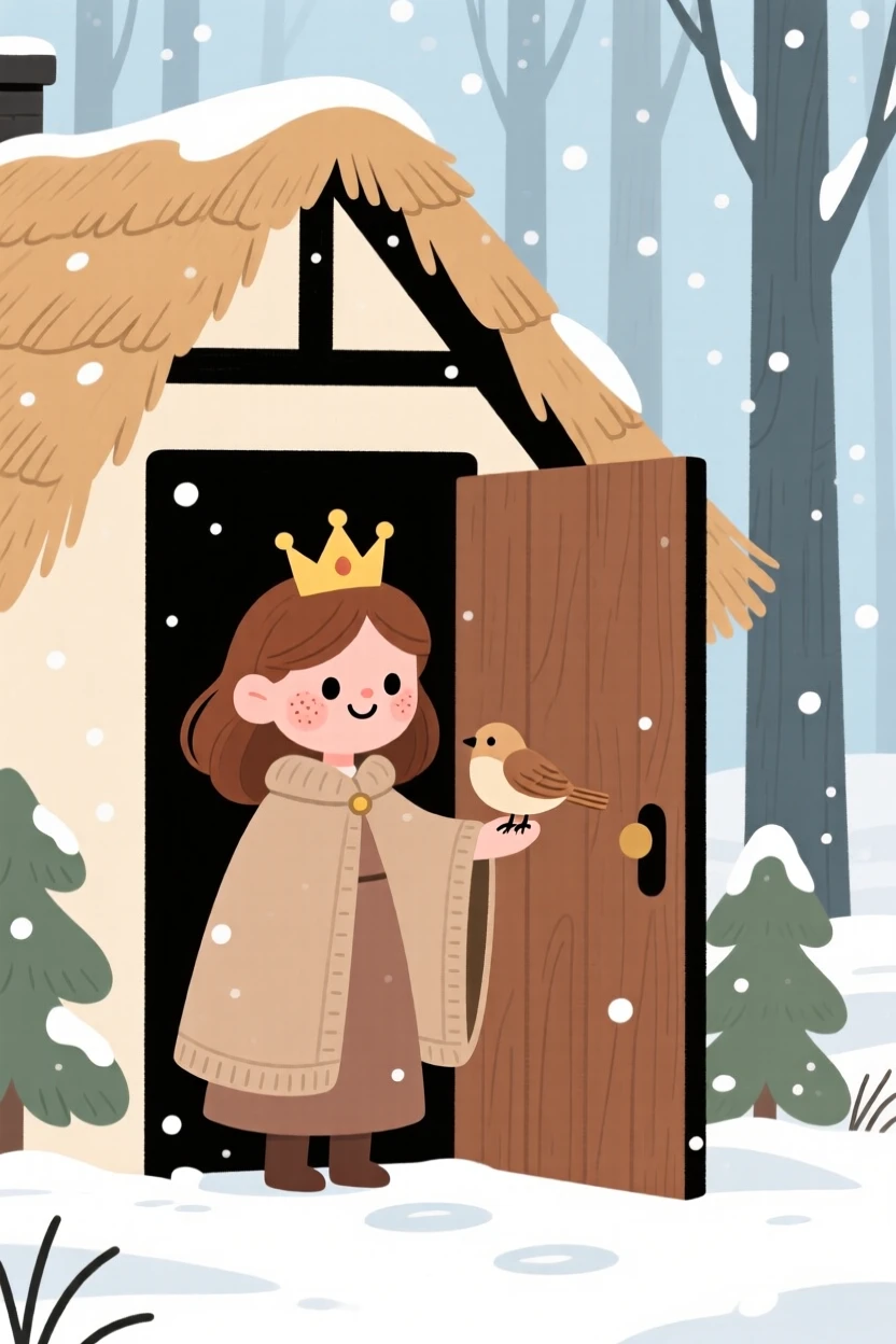 A young princess stands at the door of a thatched cottage tucked into a snowy forest, welcoming a small bird inside from the cold.