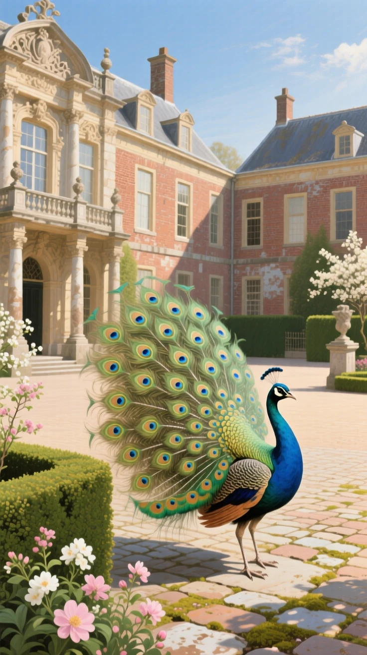 A grand panoramic scene of a peacock displaying its feathers in a sunlit palace courtyard, in the Dutch countryside, as spring blossoms open, under a clear blue sky.