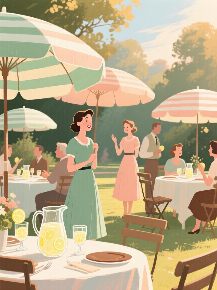 A garden party with striped umbrellas and tables of fresh lemonade