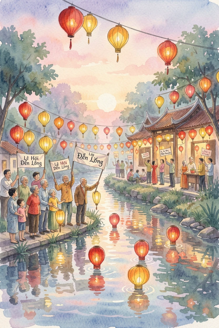 A traditional Vietnamese lantern festival on a river with the whole community joining in.