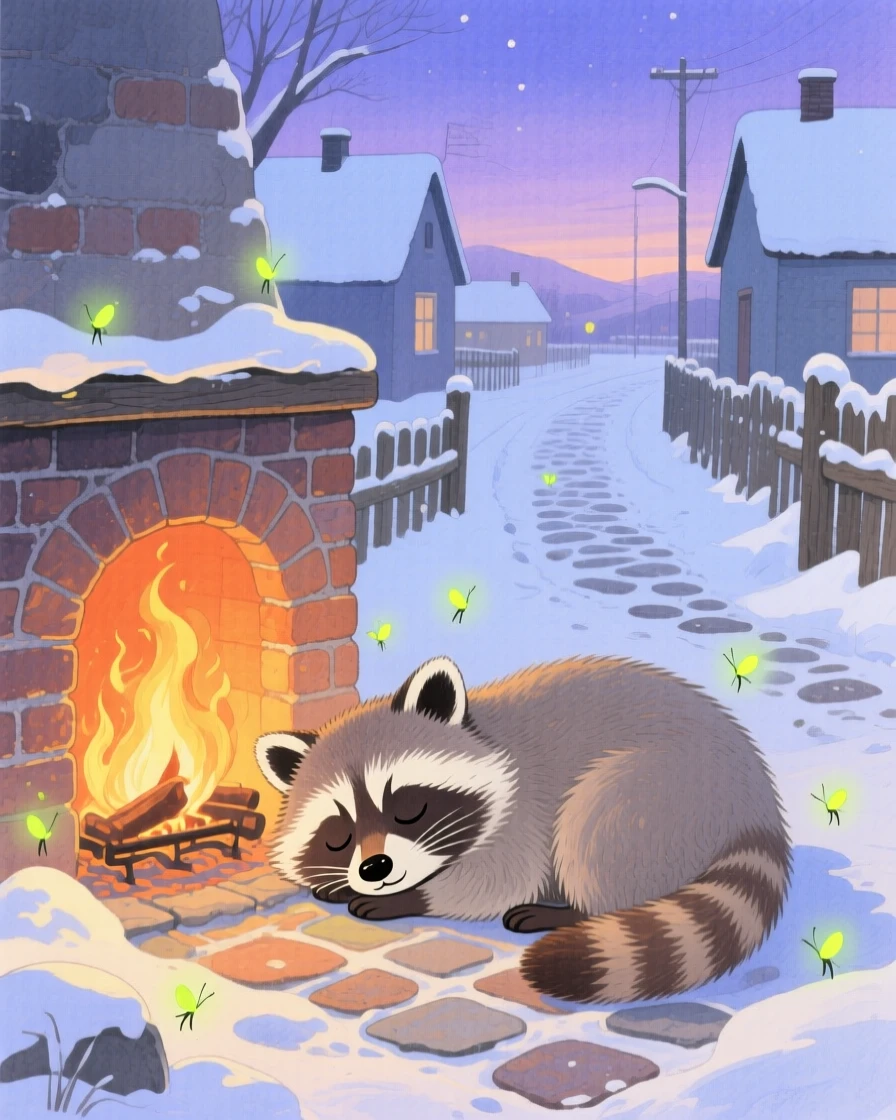 A baby raccoon dozes beside a warm hearth in a snowy village lane, as fireflies begin to glow at dusk