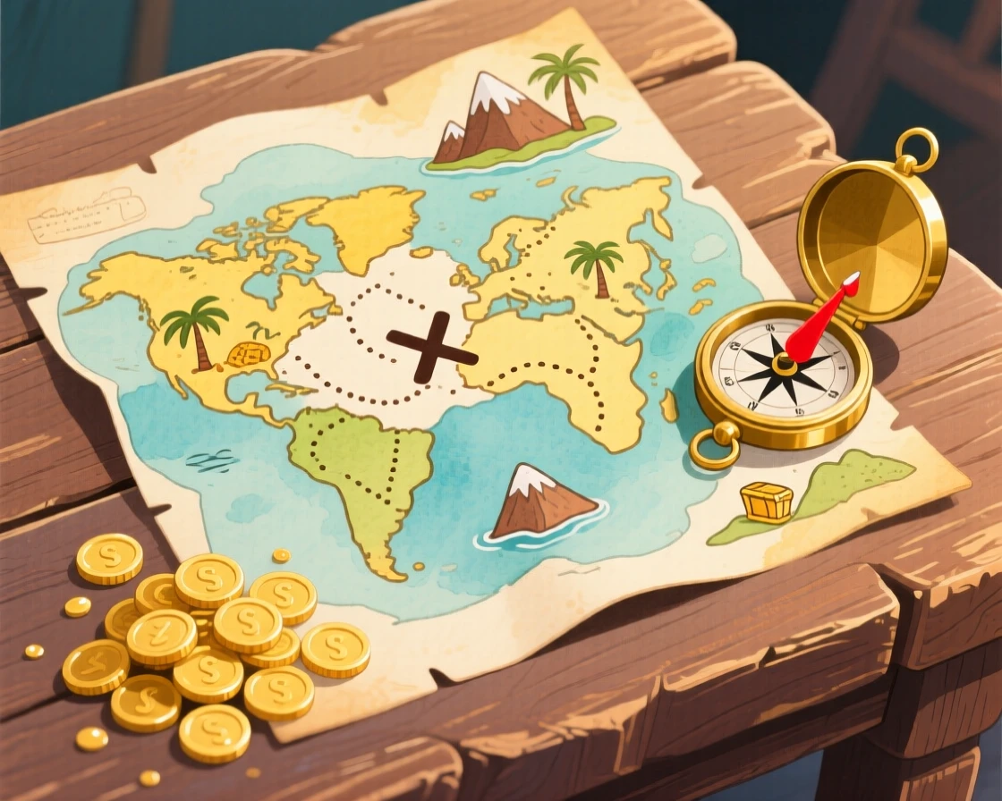 A thrilling glimpse of a treasure map spread across a table with a compass and coins.