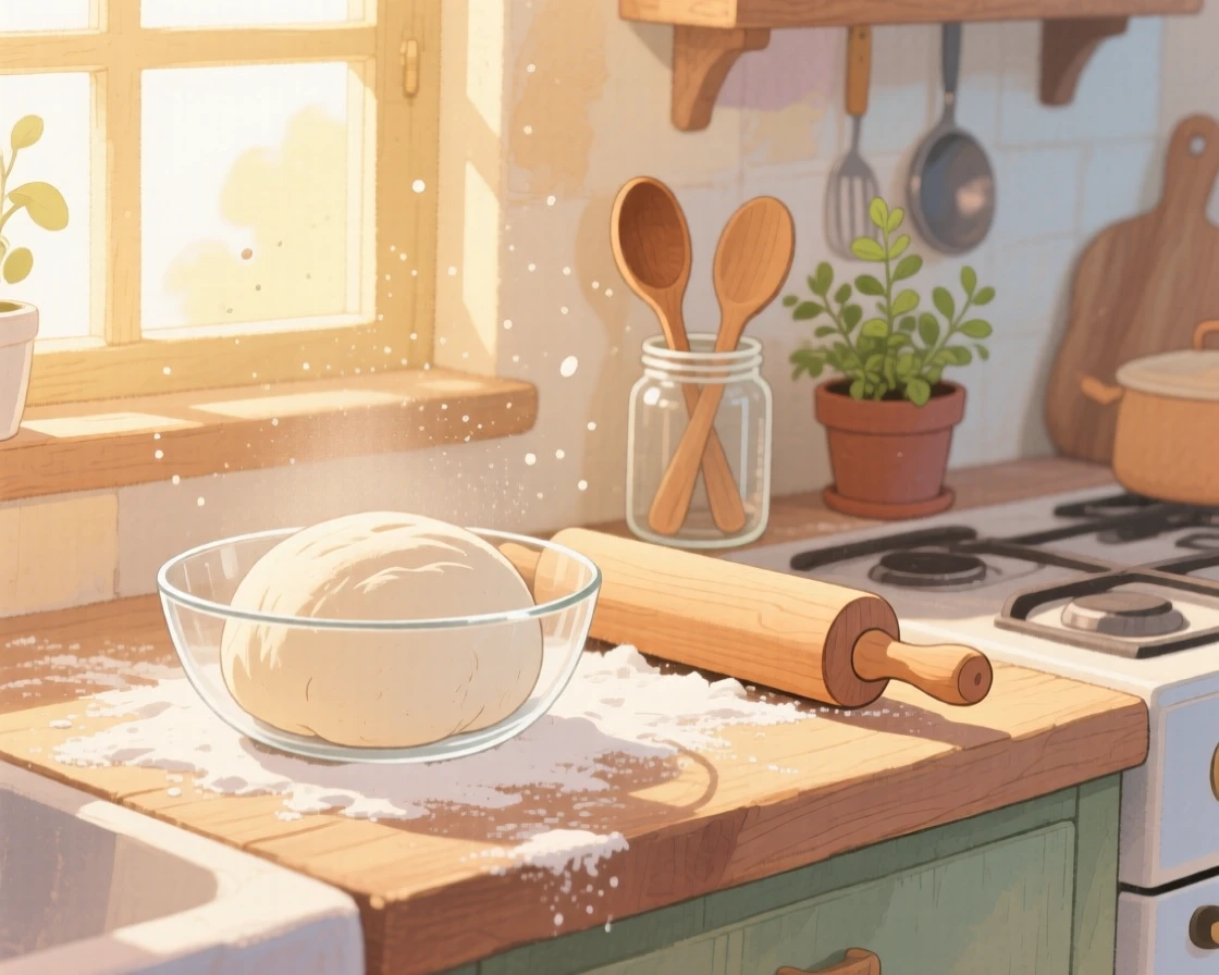 A kitchen counter dusted with flour as bread dough rises beside a rolling pin, with sunlight catching dust motes in the air, filled with quiet gratitude for life's small pleasures.