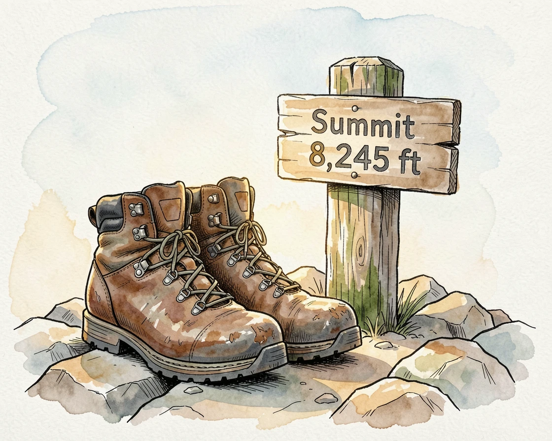 A worn pair of hiking boots resting beside a mountain summit marker, soft light breaking through to suggest new beginnings.