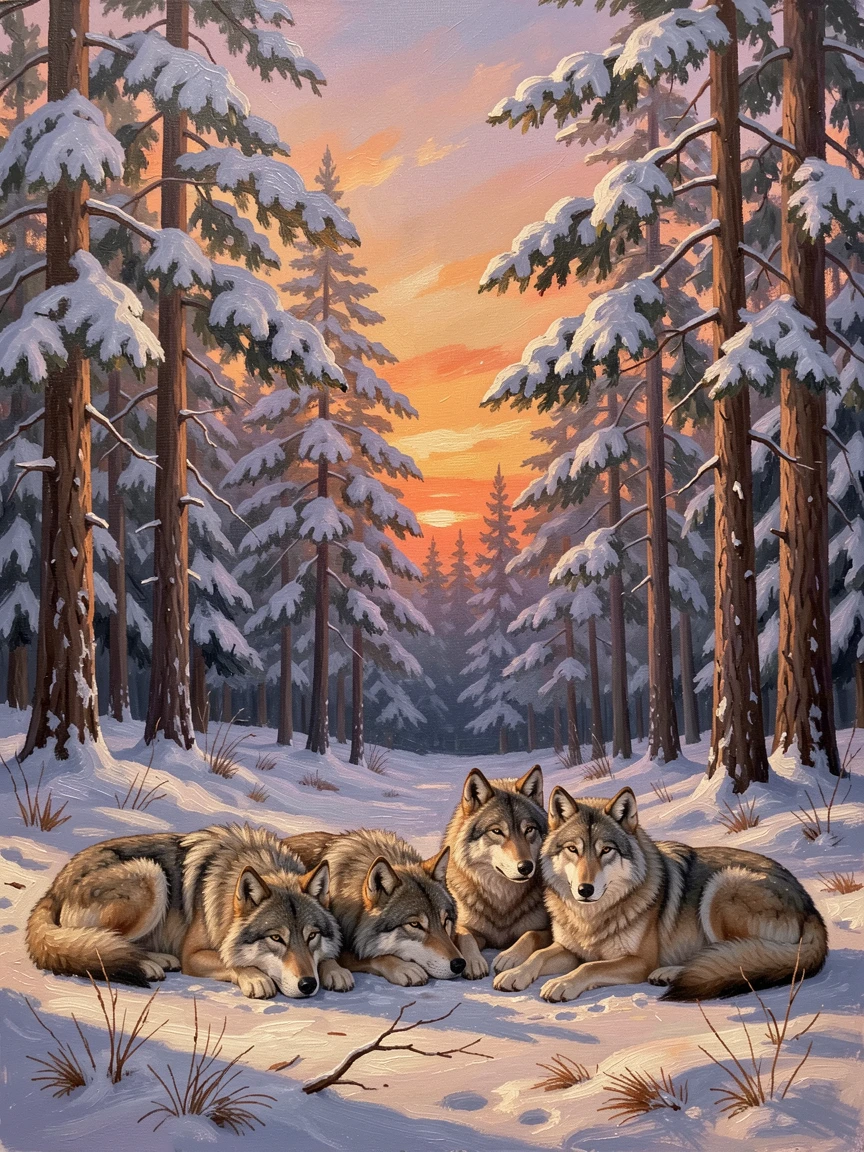 A family of wolves resting in a forest clearing, amid towering pine trees dusted with fresh snow, the herd moving together in perfect coordination, at sunset, the sky glowing orange behind the silhouette.