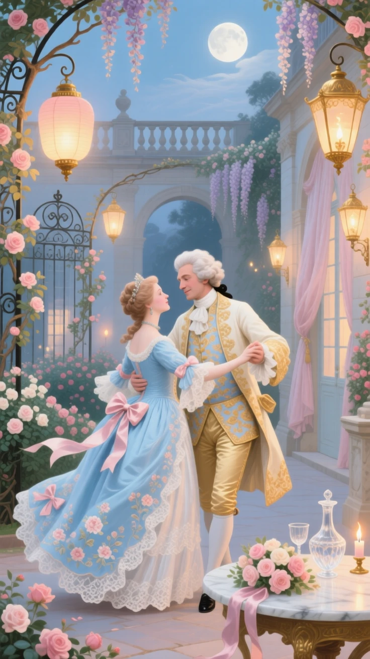 A royal couple dancing beneath lanterns in a moonlit courtyard  