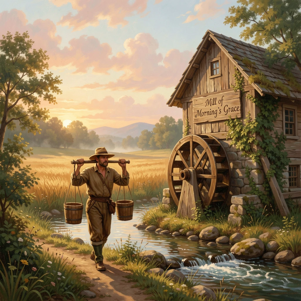 A beekeeper carries pails through a watermill beside a babbling brook as the sun rises over the fields.