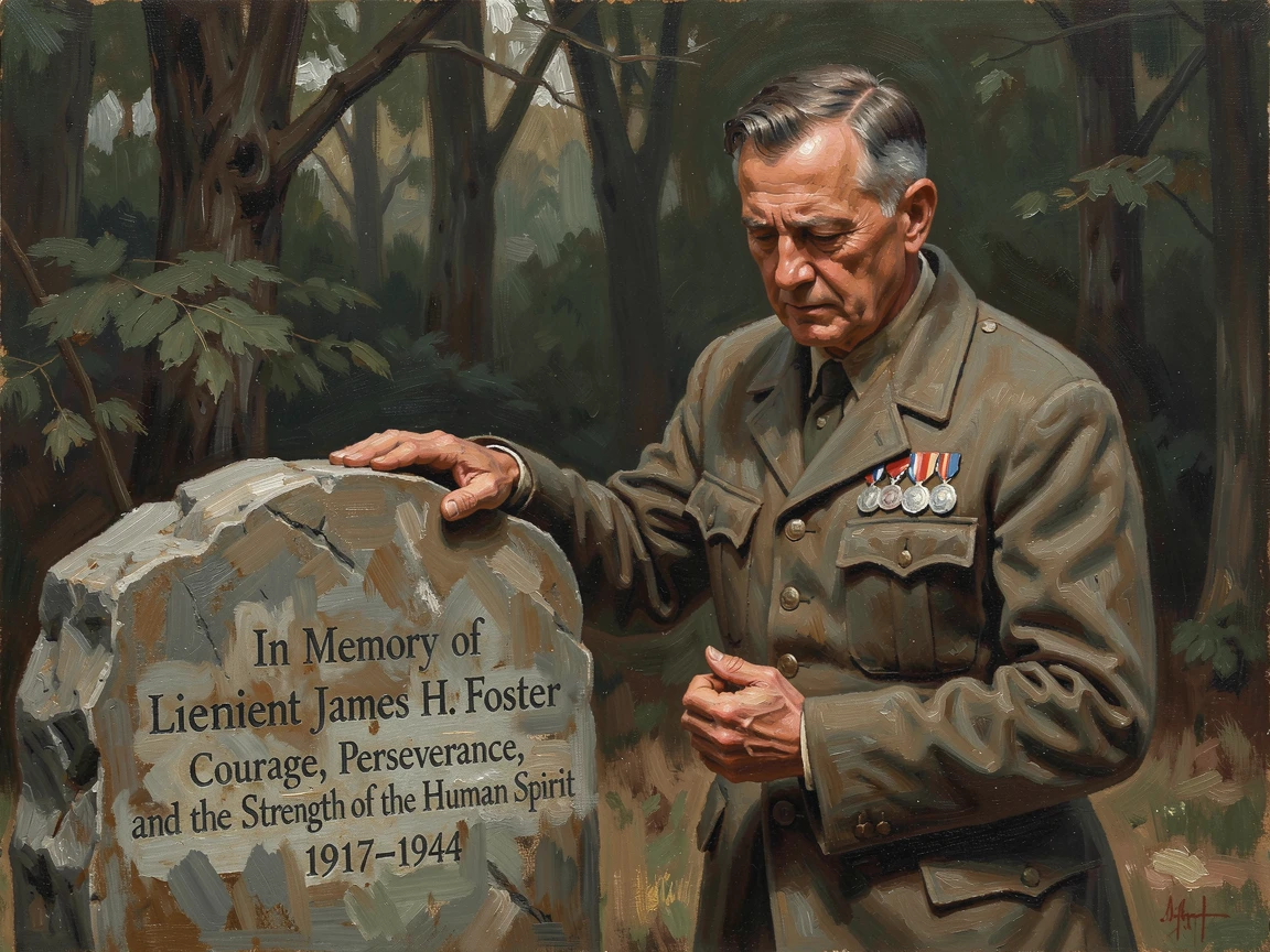 A war veteran visiting the memorial of a fallen friend, hand resting on the stone, with hands clasped tightly, conveying connection and support, celebrating courage, perseverance, and the strength of the human spirit