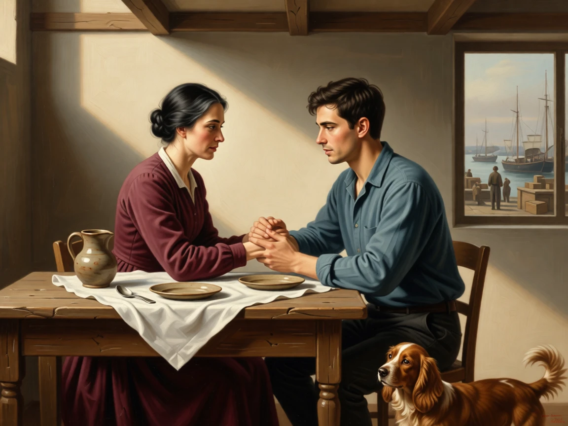 A mother reuniting with her long-lost son at a bustling harbor at the moment hope and fear collide, set at a rustic kitchen table set for an unexpected guest, with a small dog circling excitedly at the family's feet; diagonal light spills across the reunited figures, isolating them from the crowd, aching with bittersweet longing and hard-won joy.