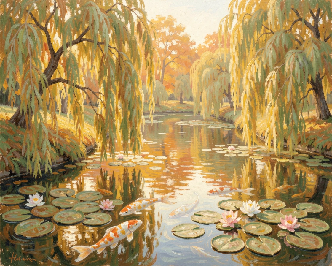 A tranquil pond bordered by weeping willows, koi fish drifting lazily beneath lily pads, in the golden days of autumn, inspiring awe at the beauty of the scene.
