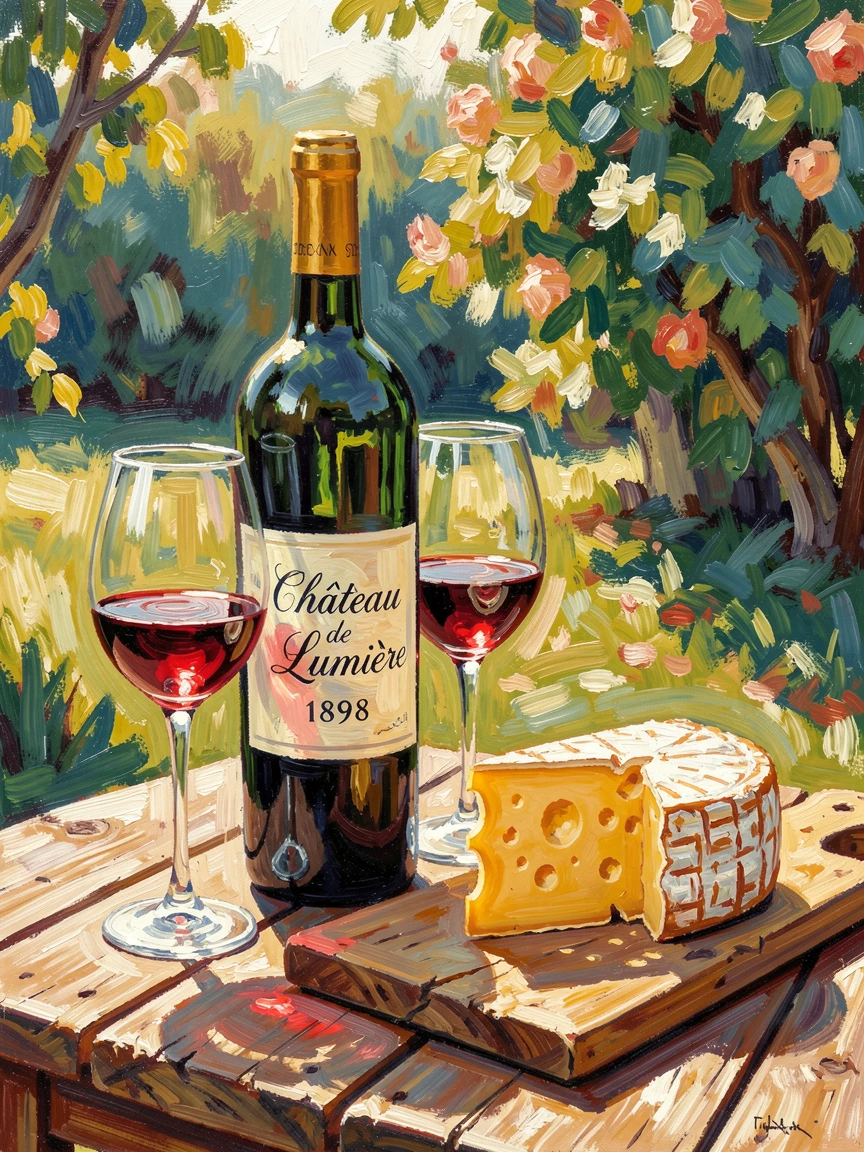 A wine bottle, glasses, and a wedge of cheese arranged on a rustic outdoor table.
