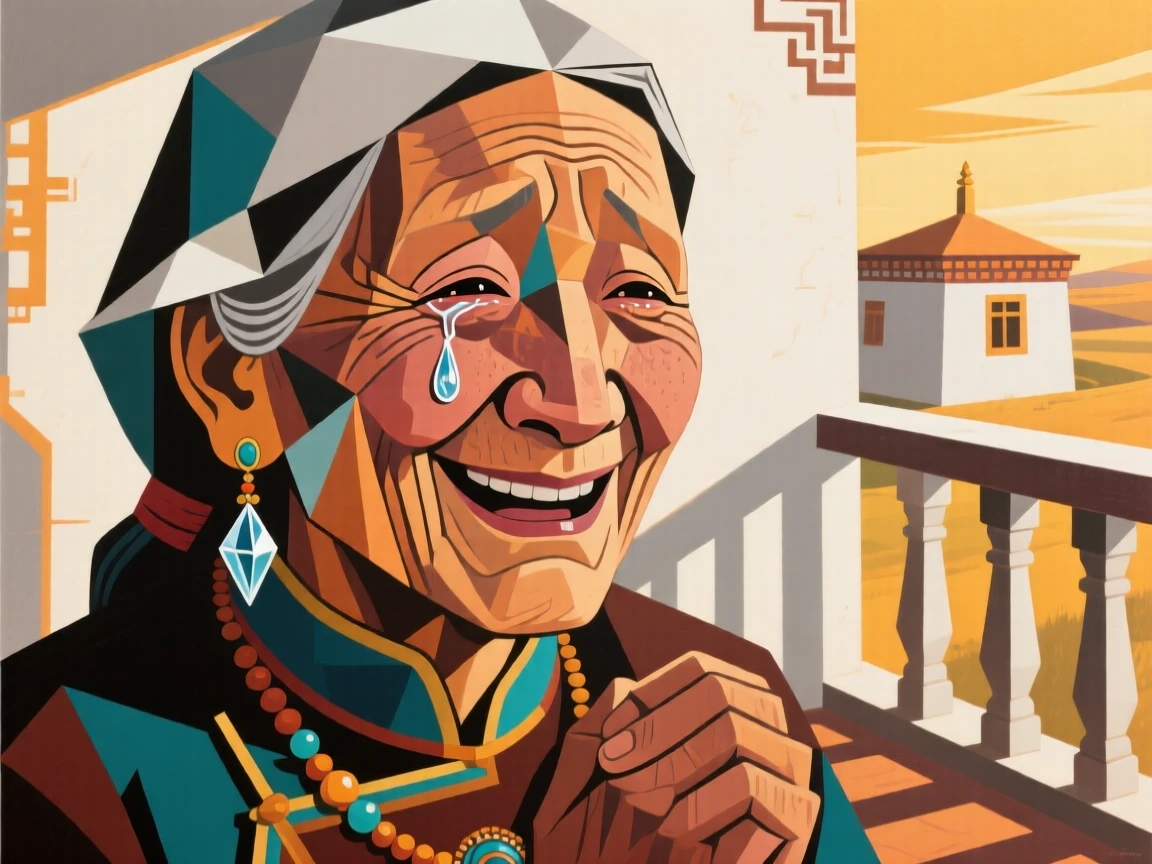 A tender close-up study of an elderly woman of Mongolian heritage holding back tears of joy, at golden hour on a quiet balcony.