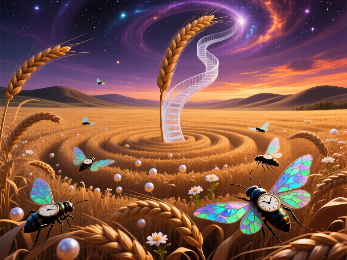 A field of wheat that ripples in slow, deliberate spirals sways gently though no wind can be felt, as tiny insects drift lazily around its blossoms.