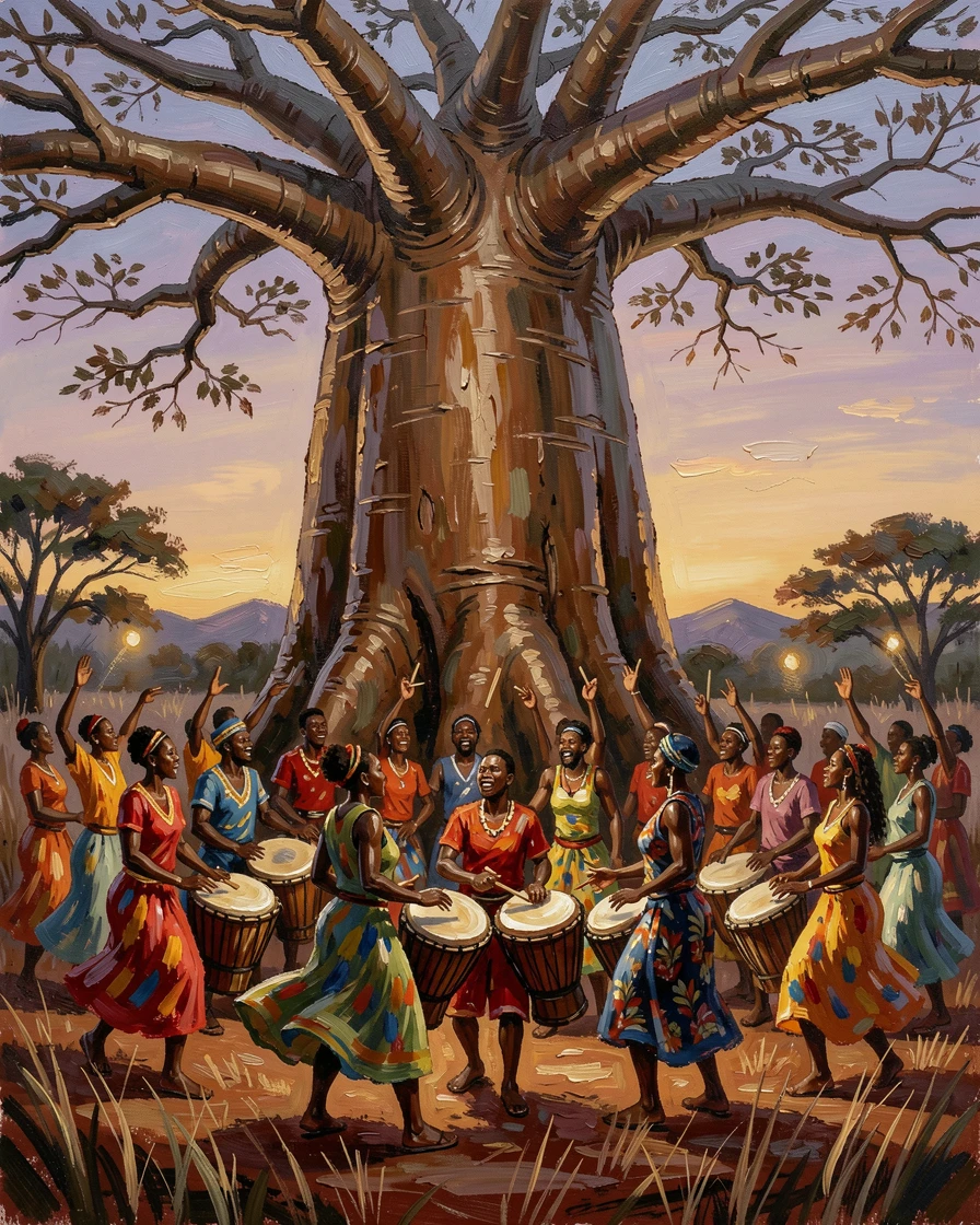 A traditional African drumming circle performs beneath a baobab tree at dusk, dancers moving energetically around the rhythmic gathering, the scene capturing a fleeting, candid moment within a larger ongoing celebration.