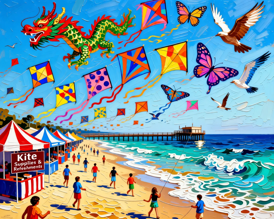 A colorful kite festival filling the sky with hundreds of vivid shapes over a coastal beach
