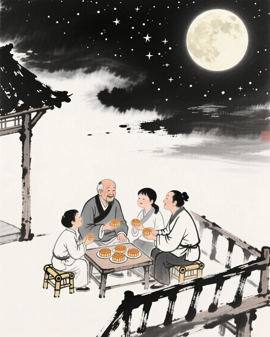 A family sits together on a terrace, sharing mooncakes beneath a full moon, beneath a sky remarkably clear and full of stars.