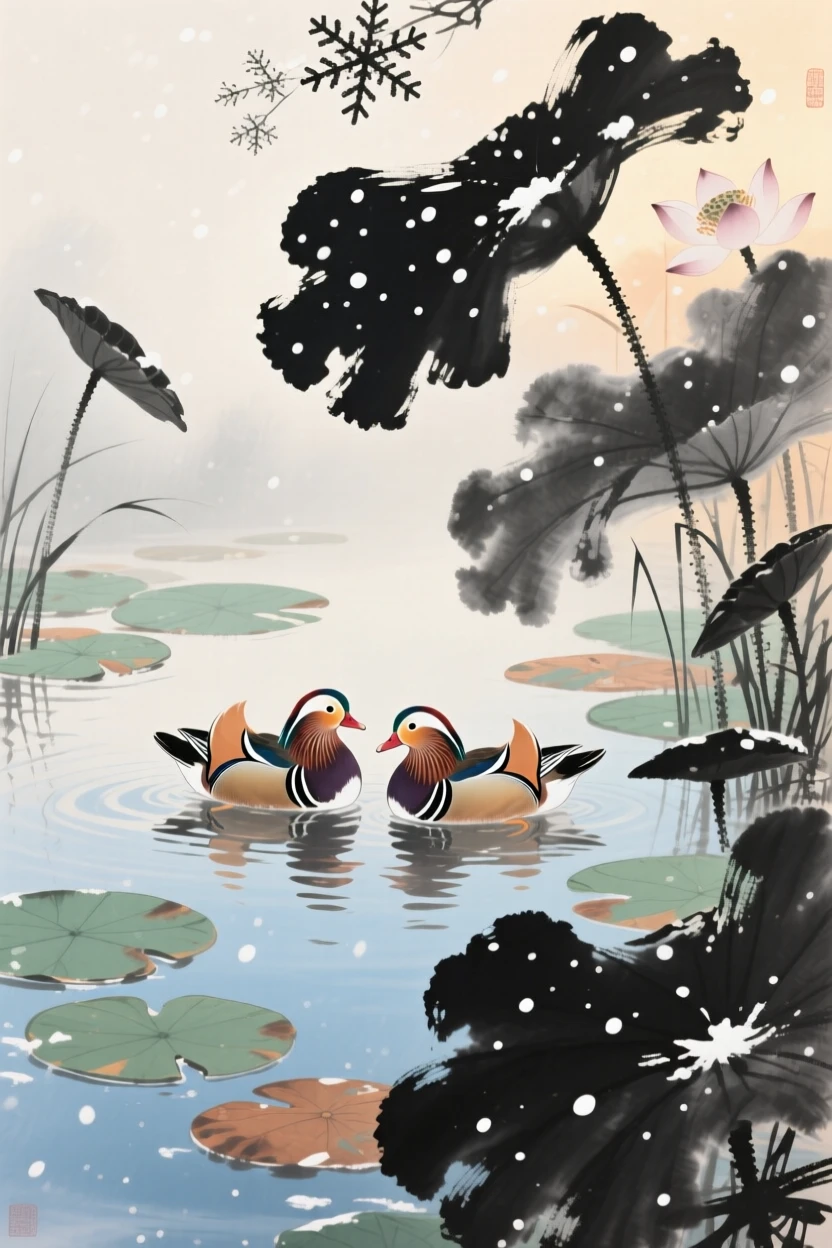 A pair of mandarin ducks swimming among lotus leaves, in the soft light of late afternoon, beneath softly falling snow.