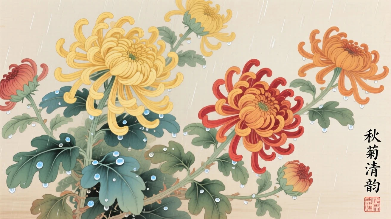 Chrysanthemums in late autumn after a light spring rain, droplets clinging to each petal