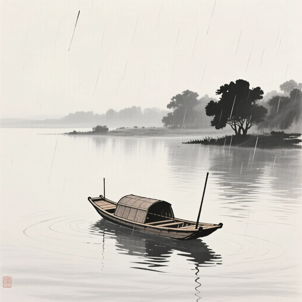 A lone wooden boat drifting on a still, glassy river while a light rain blurs the distant tree line, composed with wide open space above to emphasize the scale of the sky, conveying calm reflection and gentle isolation.
