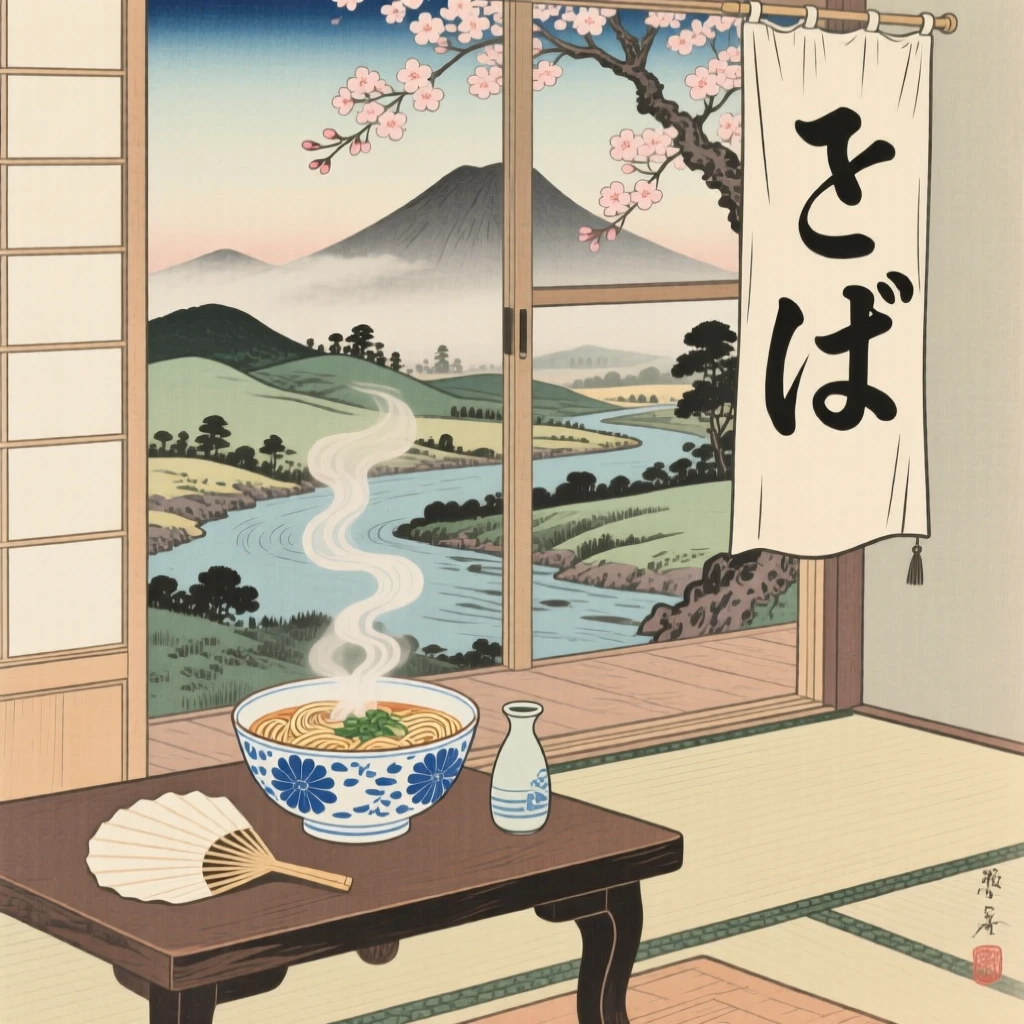 A steaming bowl of noodle soup placed beside an open window.