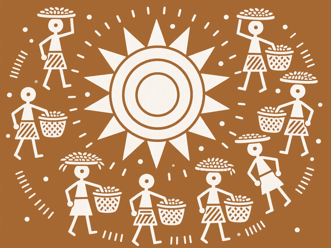 A composition centered on a village sun symbol surrounded by farmers carrying baskets of grain.