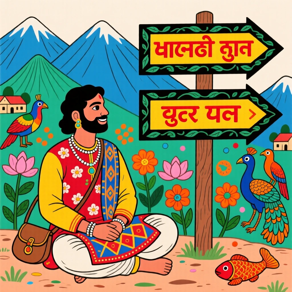 A traveler resting beside a signpost pointing toward distant mountain villages.