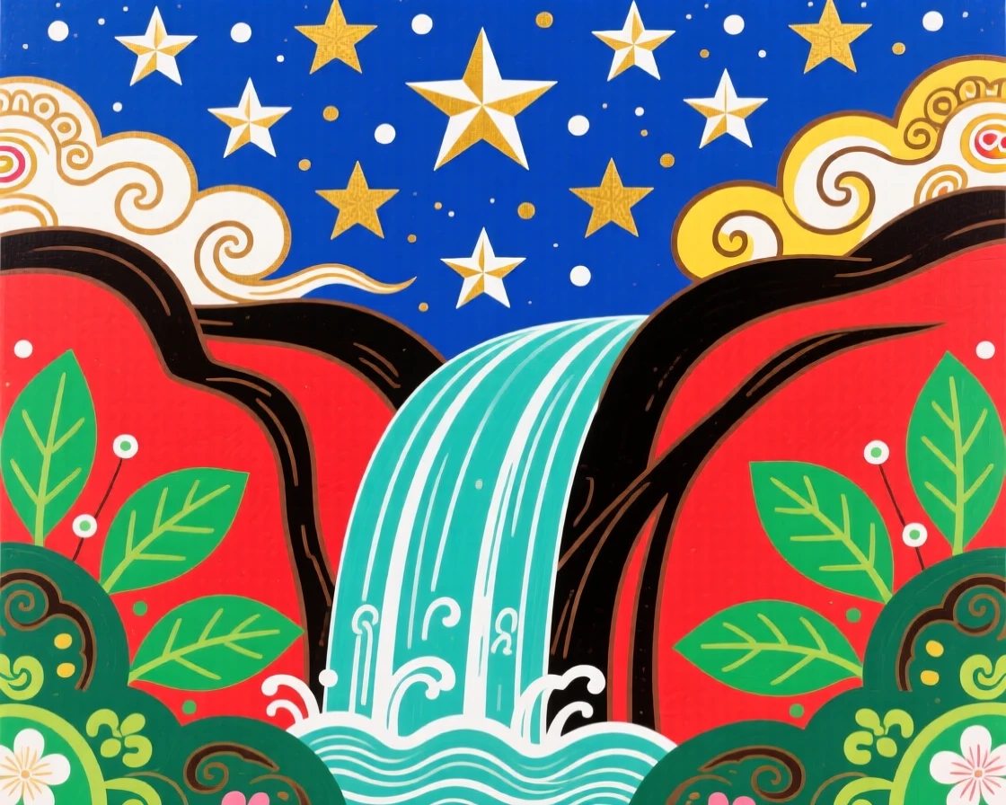 A hidden waterfall that flows upward into a sky filled with stars.