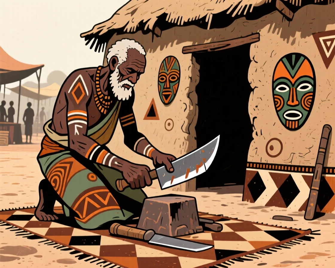 An old man sharpening tools outside his hut in the heart of a bustling market square.