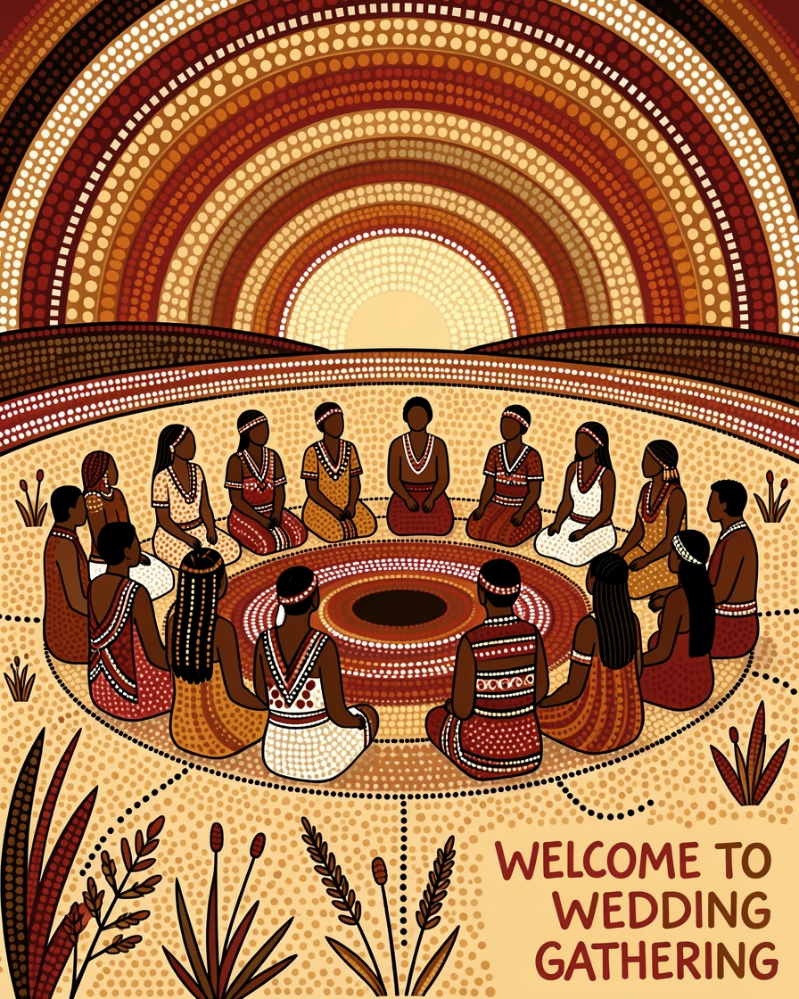 A community celebrating a traditional wedding at sunrise