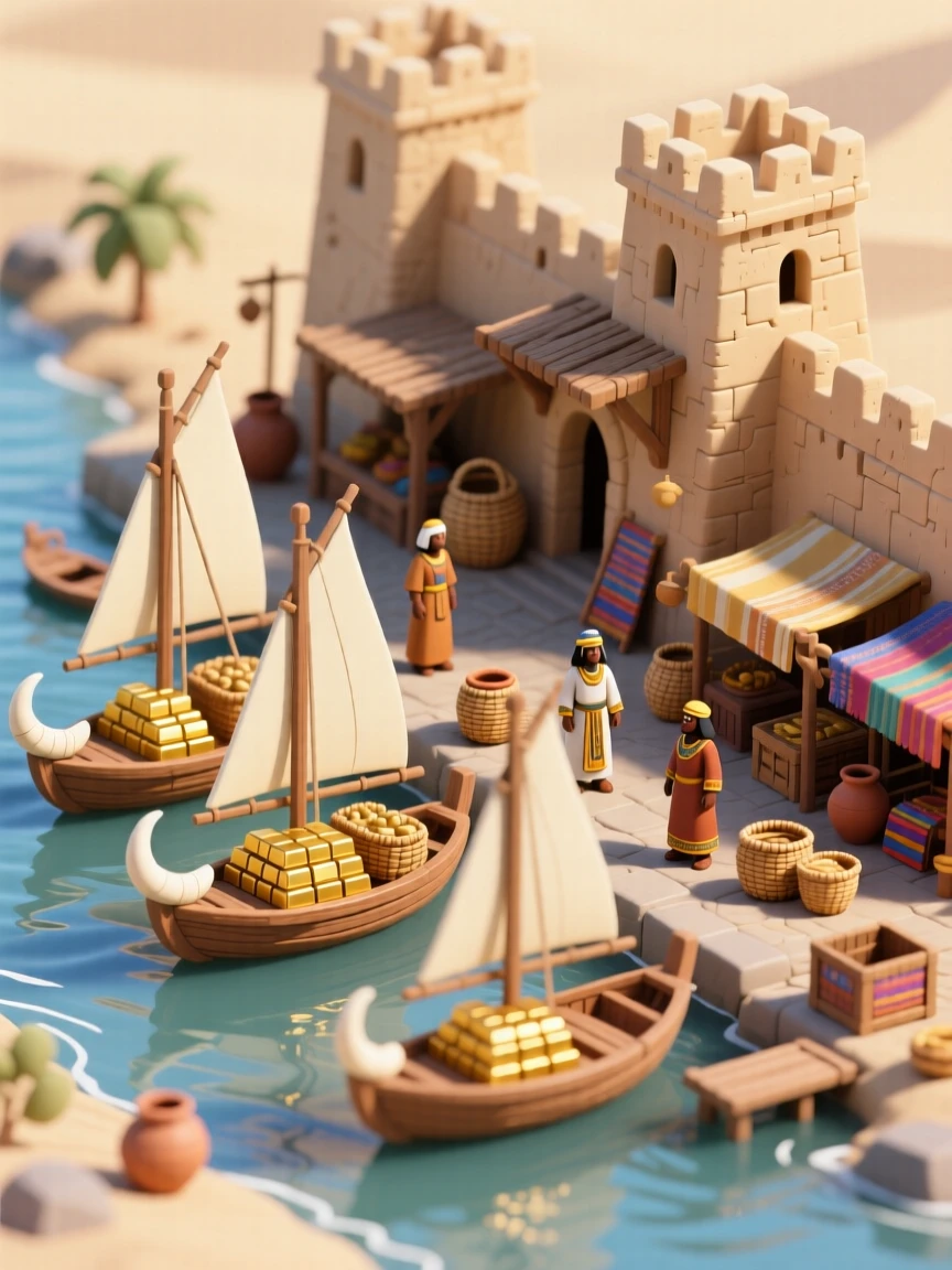 An ancient Nubian trading post along the Nile, boats laden with gold and ivory docking at a bustling riverside market.